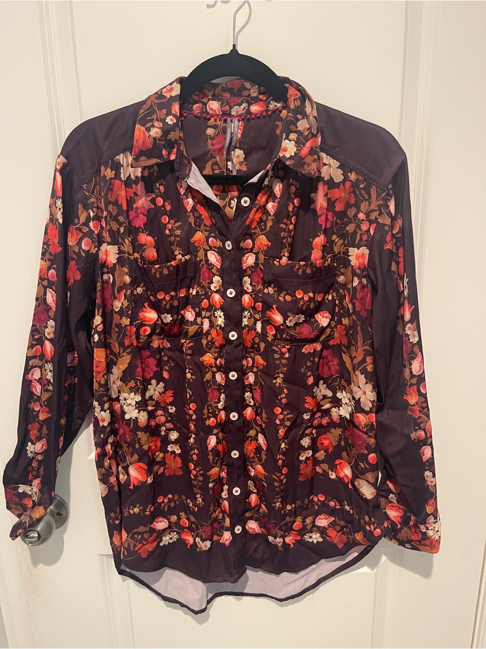 Anthropologie Dark Brown Floral Button-Up with Pom Trim